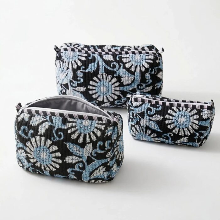 Black hand-block-printed quilted cotton 3-piece travel pouch set, flat-lay