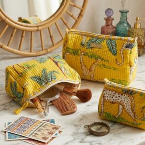 Handmade cotton travel pouch set with block print