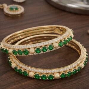 Emerald Green Gold Plated American Diamond Kada Set