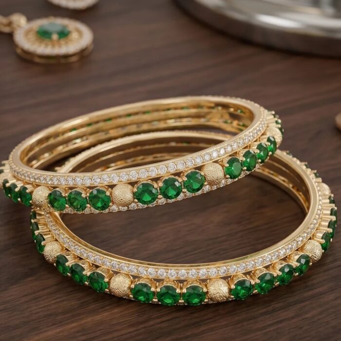 Emerald Green Gold Plated American Diamond Kada Set