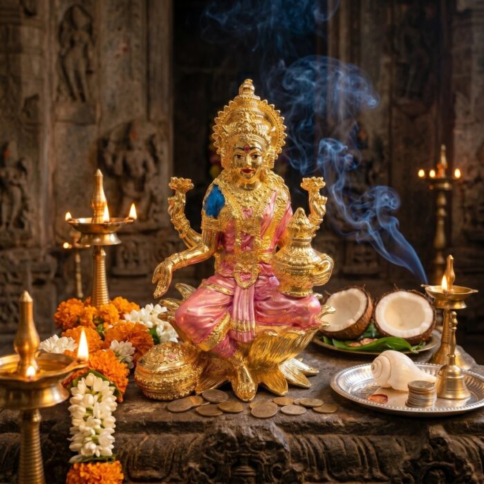 Gold Plated Lakshmi Idol - 7 inches | Lakshmi sitting on lotus - Image 2
