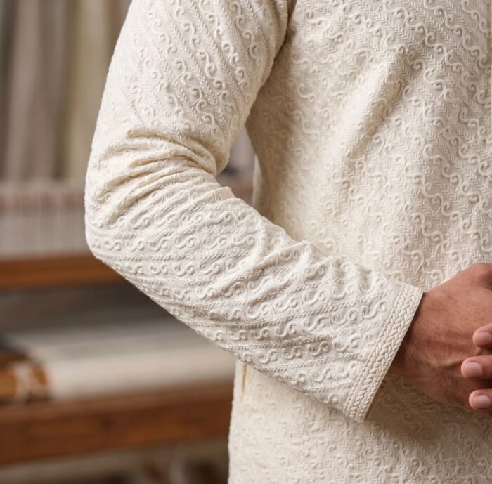Close up of the premium embroidery on the Kurta