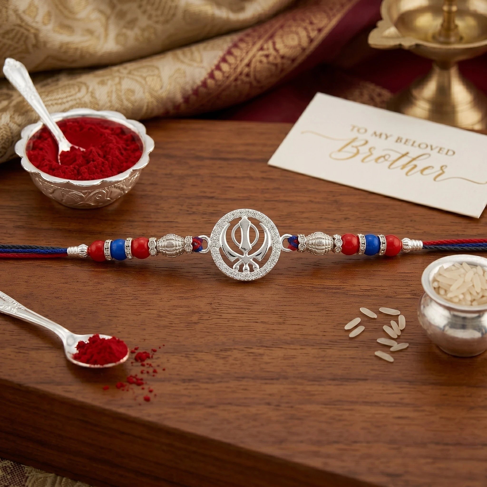 Pure silver khanda rakhi Pure Silver Rakhi - Khanda sahib | Nishaan Sahib Rakhi| Chandi di rakhdi in Canada and US