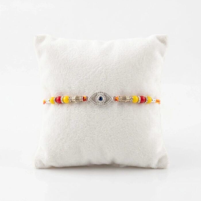 925 Sterling Silver Rakhi with embedded Zirconia stones on a Evil eye emblem
