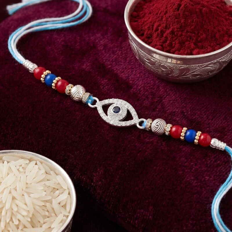 925 Sterling Silver Rakhi with embedded Zirconia stones on a Evil eye emblem