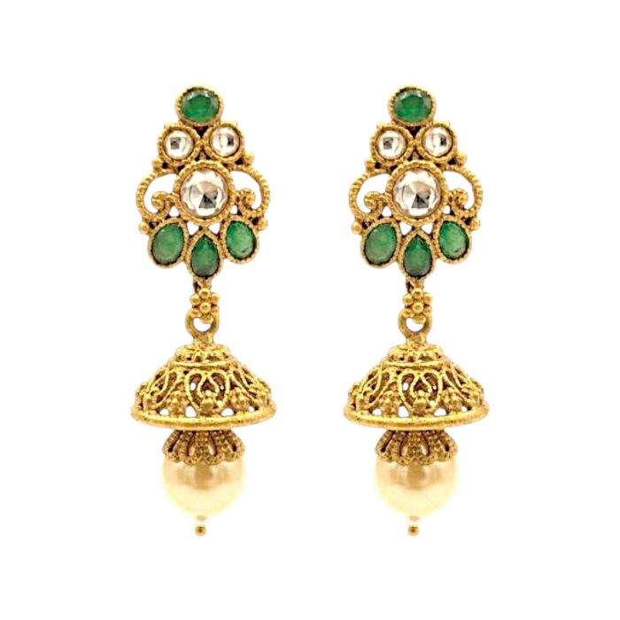 Close up of the Jhumki earrings with matching long necklace