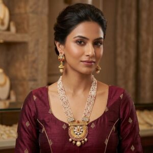 Aura Golden Long necklace set with Jhumki earrings | Utsav Series - Rani Haar