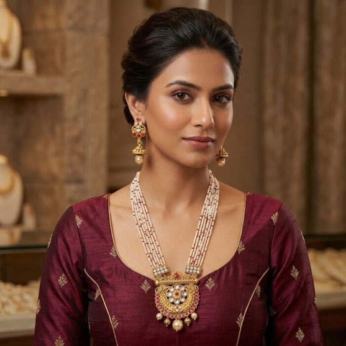 Aura Golden Long necklace set with Jhumki earrings | Utsav Series - Rani Haar