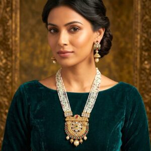 Utsav Aura Gold Necklace Set | Party wear Rani Haar with Jhumki earrings