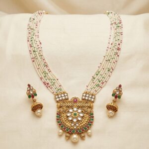Aura Golden Long necklace set with Jhumki earrings | Utsav Series - Rani Haar