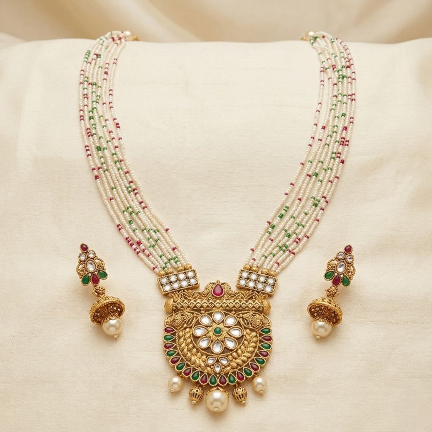 Wedding and festive necklace set with matching earrings Aura Golden Long necklace set with Jhumki earrings | Utsav Series - Rani Haar