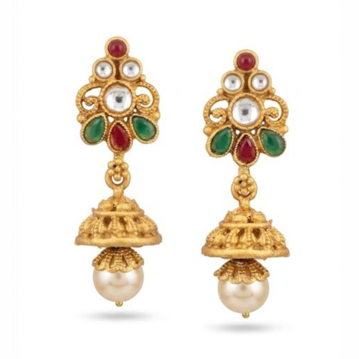Close up of the Jhumki earrings with matching long necklace