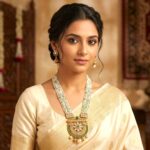 Aura Golden necklace set with earrings and white glass beads | Utsav Series