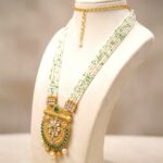 Aura Golden necklace set with earrings and white glass beads | Utsav Series