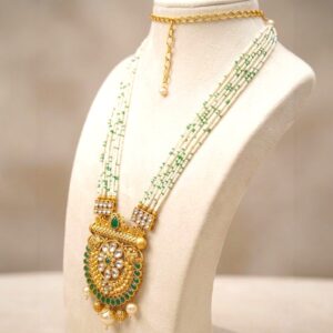 Aura Golden necklace set with earrings and white glass beads | Utsav Series