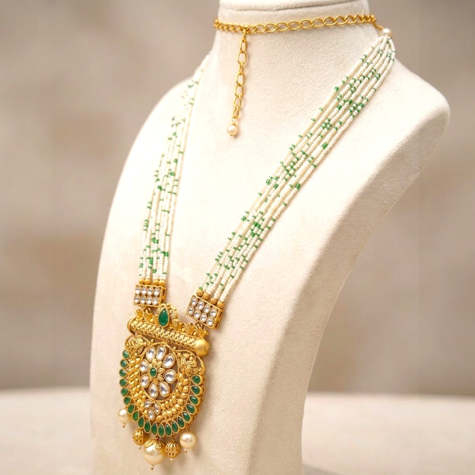 Wedding and festive necklace set with matching earrings Aura Golden necklace set with earrings and white glass beads | Utsav Series