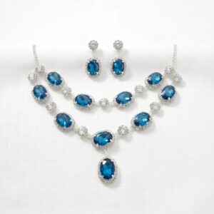 Silver finish zirconia necklace set with earrings - Blue Stones