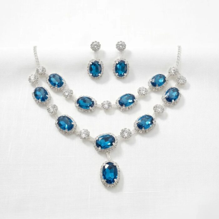 Silver finish zirconia necklace set with earrings - Blue Stones