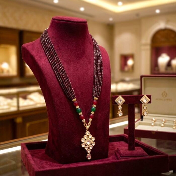 Kundan Pendant with Beads Necklace and Earring Set - Maroon - Image 2