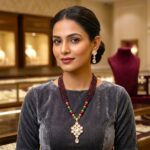 Kundan Pendant with Beads Necklace and Earring Set - Maroon - Image 3