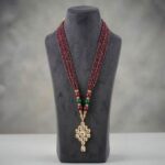 Kundan Pendant with Beads Necklace and Earring Set - Maroon - Image 4