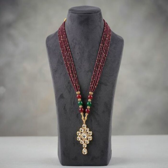 Kundan Pendant with Beads Necklace and Earring Set - Maroon - Image 4