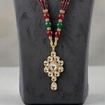 Kundan Pendant with Beads Necklace and Earring Set - Maroon - Image 6