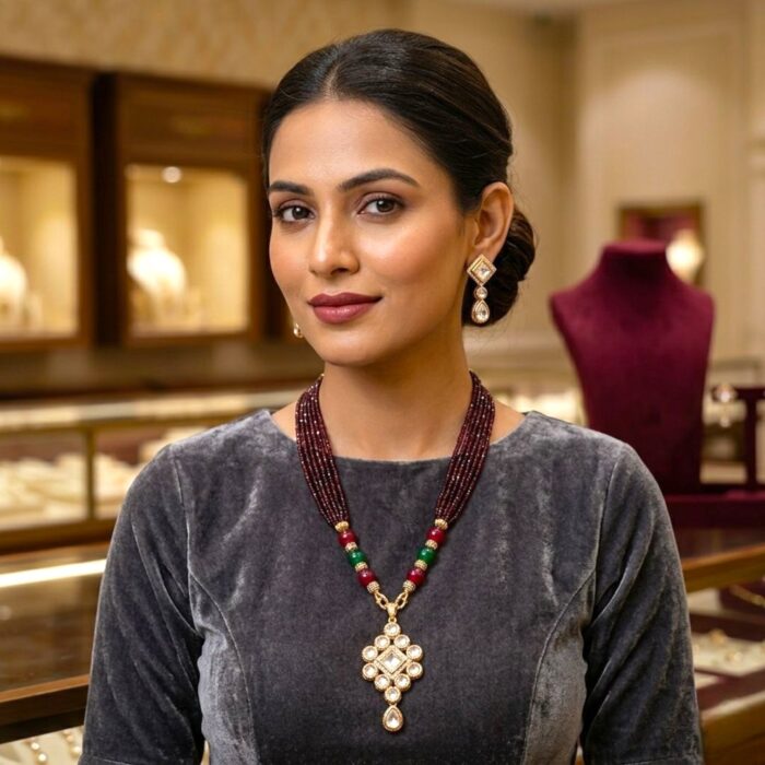 Kundan Pendant with Beads Necklace and Earring Set - Maroon - Image 3