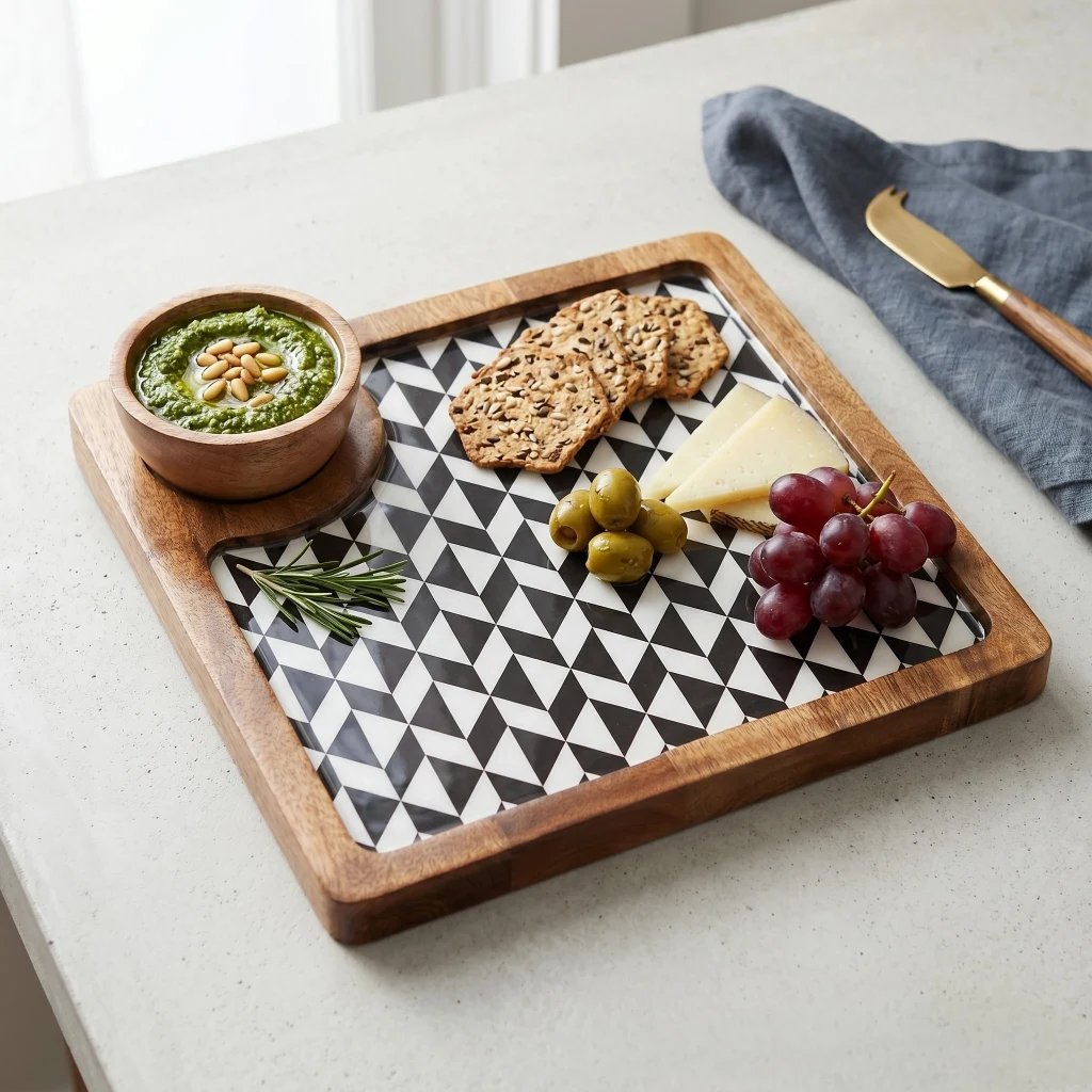 Stylish wooden platter for Chips and Dips Stylish wooden platter for serving cheese, snacks and more | Perfect for serving hot snacks like pakora, kababs and more