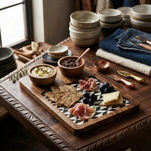 Wooden serving platter | 2 Bowl charcuterie board