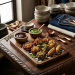 Wooden serving platter | 2 Chutney Bowl for serving Pakoras and Kababs
