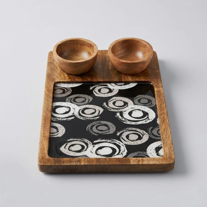 Wooden serving platter with 2 chutney Bowls