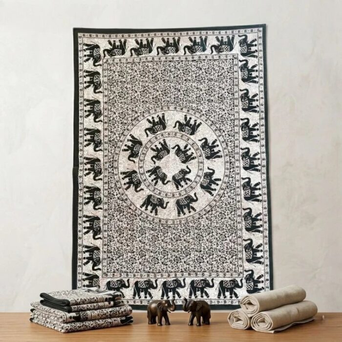 Monochrome Elephant Mandala Tapestry | Cotton Tapestry 41x29 Inch - Image 2