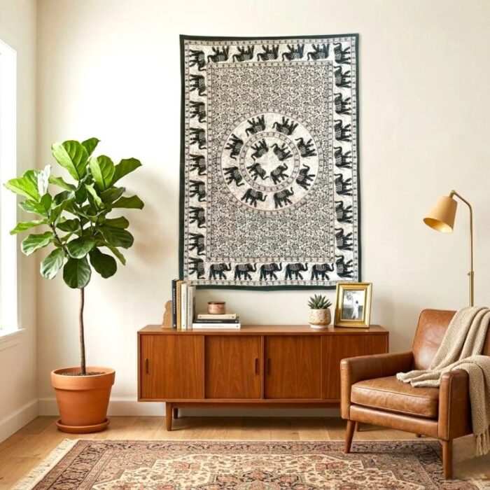 Monochrome Elephant Mandala Tapestry | Cotton Tapestry 41x29 Inch - Image 3