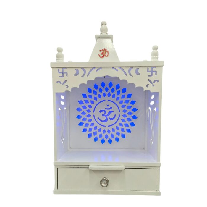 Wooden Puja Mandir for home - 15in x 28in x 10in | White MDF with OM Led Backlit Panel - Image 8