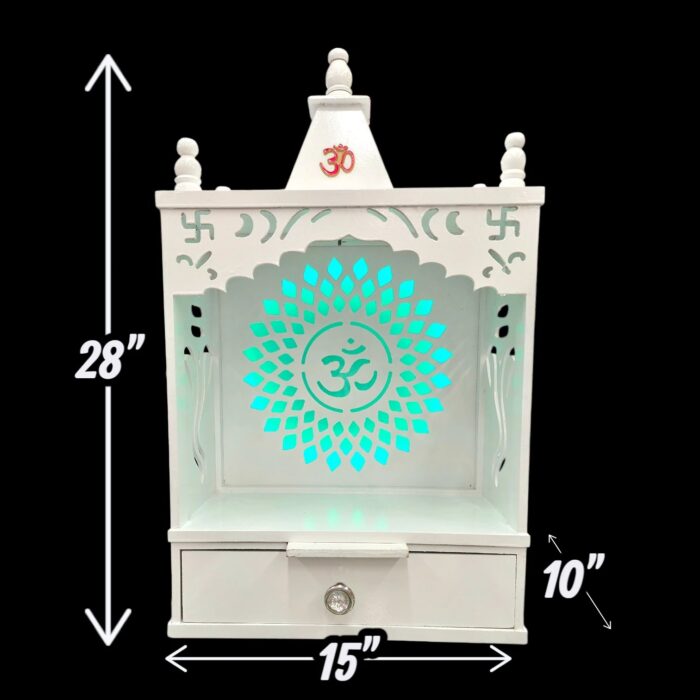 Wooden Puja Mandir for home - 15in x 28in x 10in | White MDF with OM Led Backlit Panel - Image 7