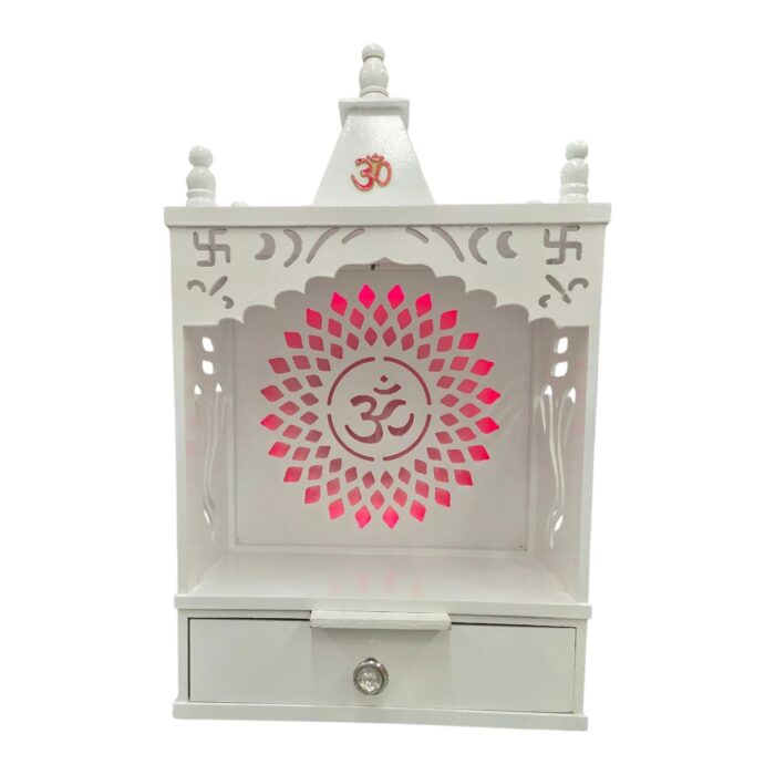 Wooden Puja Mandir for home - 15in x 28in x 10in | White MDF with OM Led Backlit Panel - Image 6