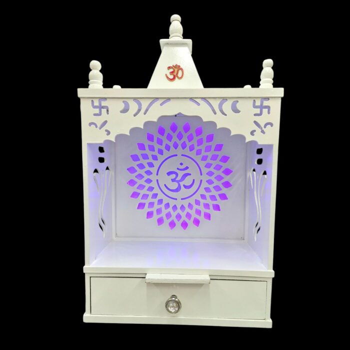 Wooden Puja Mandir for home - 15in x 28in x 10in | White MDF with OM Led Backlit Panel - Image 2