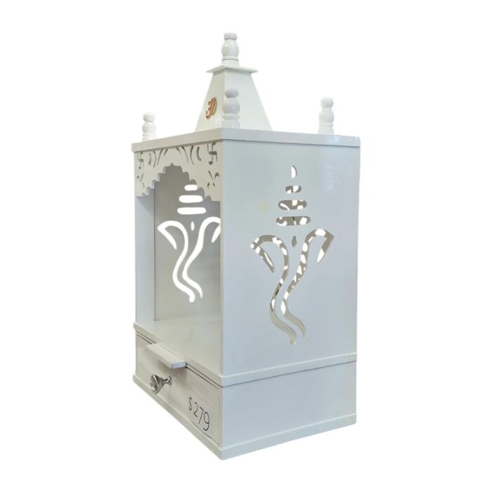 Wooden Puja Mandir for home - 15in x 28in x 10in | White MDF with OM Led Backlit Panel - Image 3