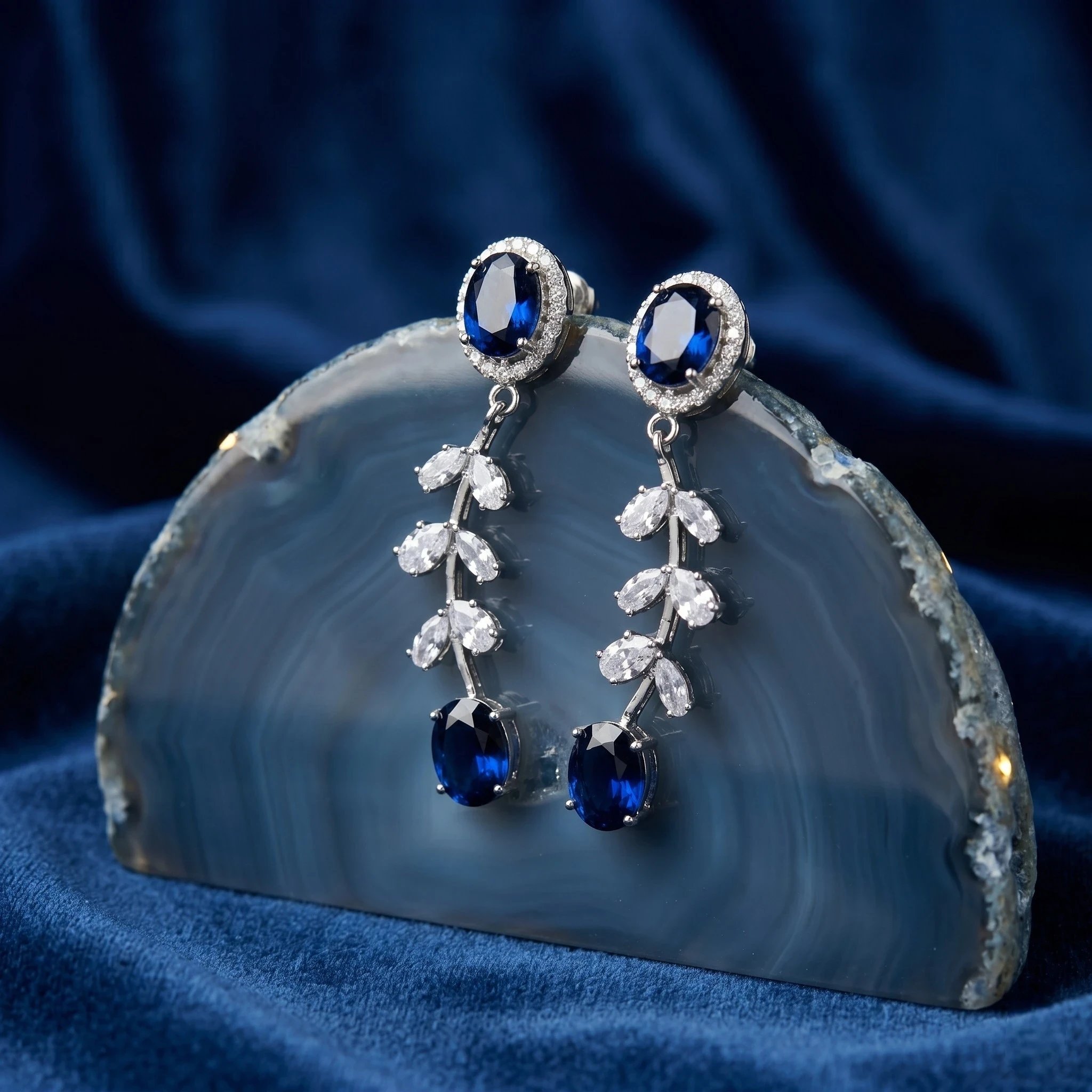 Sapphire Blue statement stone chrome finish earrings Lite weight Chrome finish AD stone Earrings