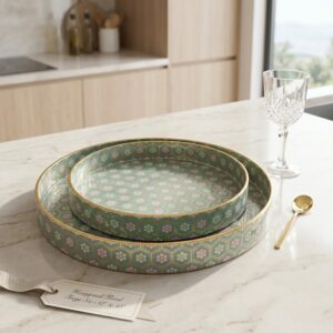 Round wooden coffee table trays with gold detailing
