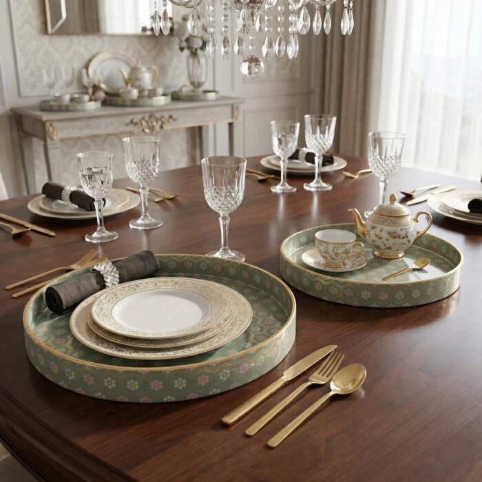 Wooden serving and display tray set with gold inlay