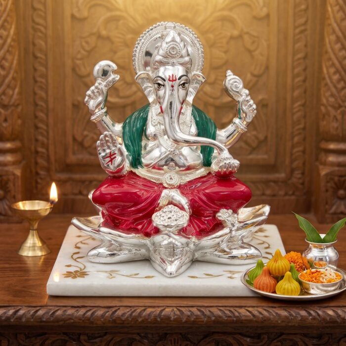 Ganesh on Lotus Silver coated Idol for home and Gift