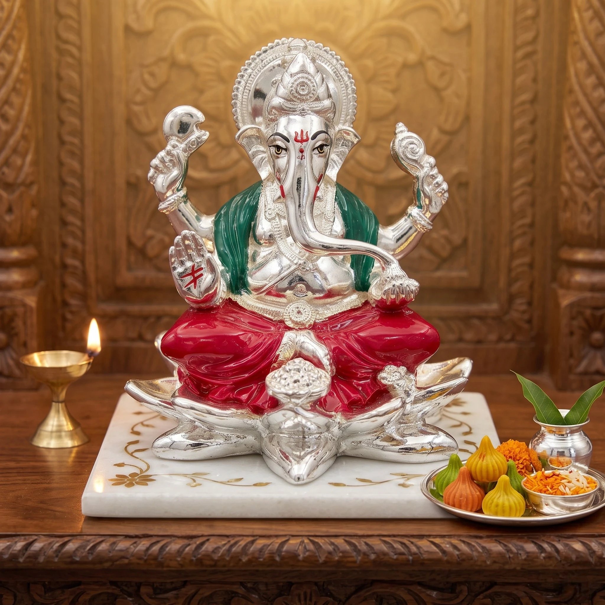 Ganesh on Lotus Silver coated Idol for home and Gift