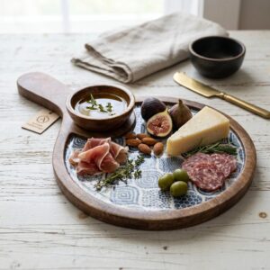 Charcuterie board with cheese crackers and dip served on mango wood platter