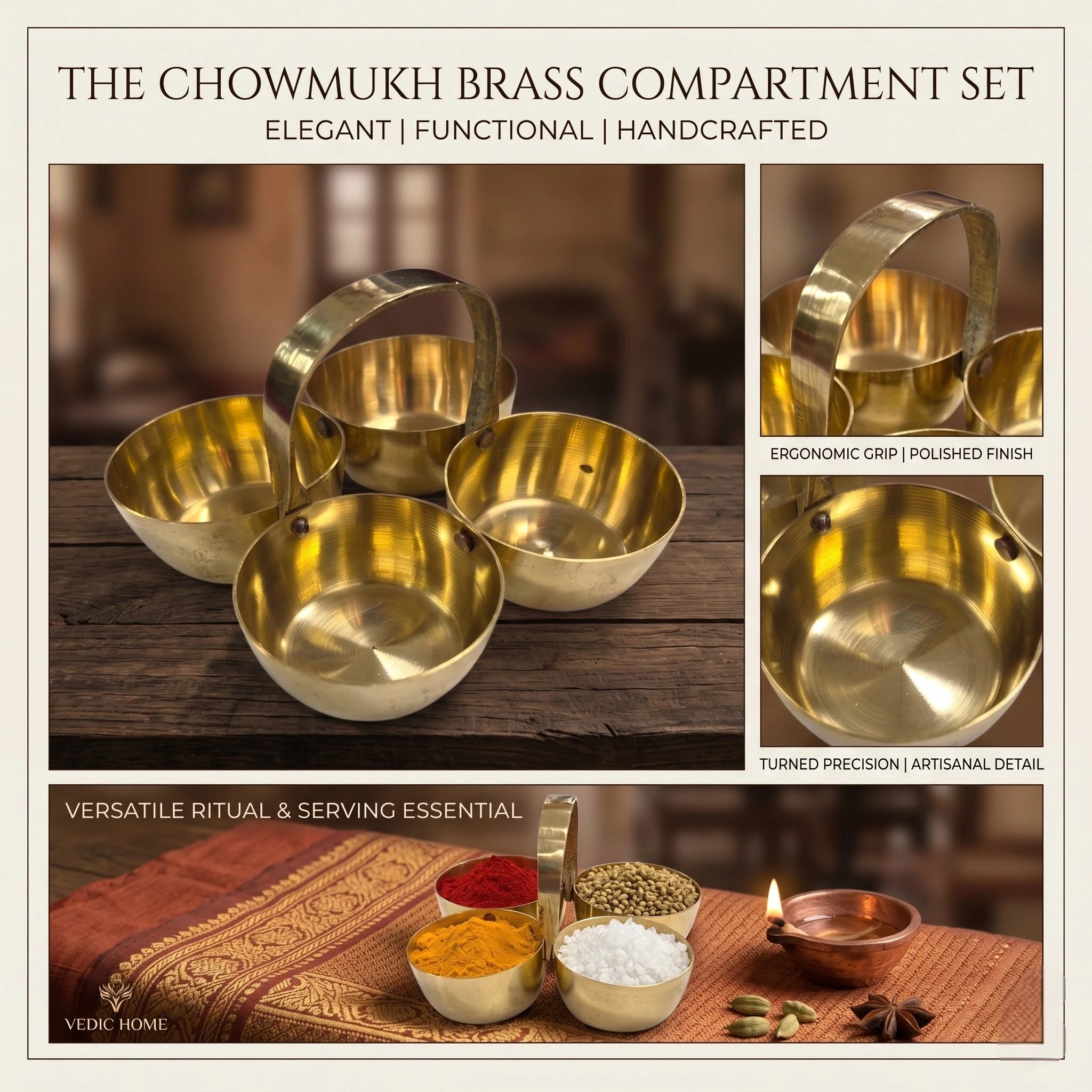Brass Chowmukh 4 Bowl Holder for Puja Brass Chowmukh with Handle for Hindu Rituals