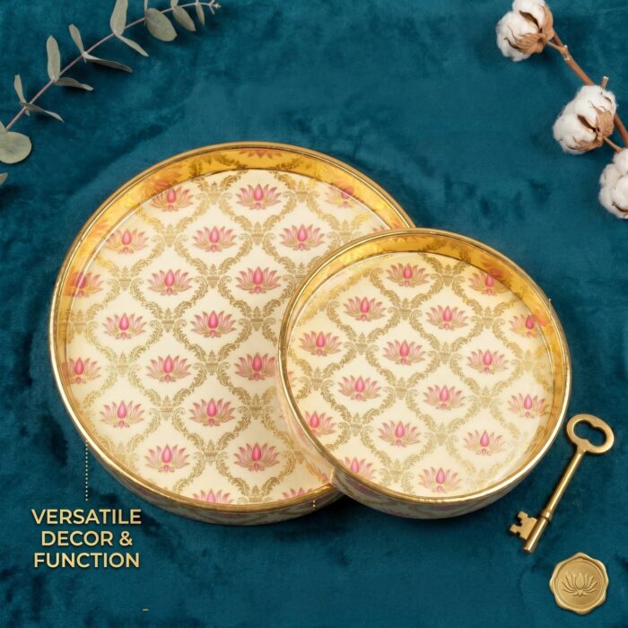 Round wooden coffee table trays with gold detailing