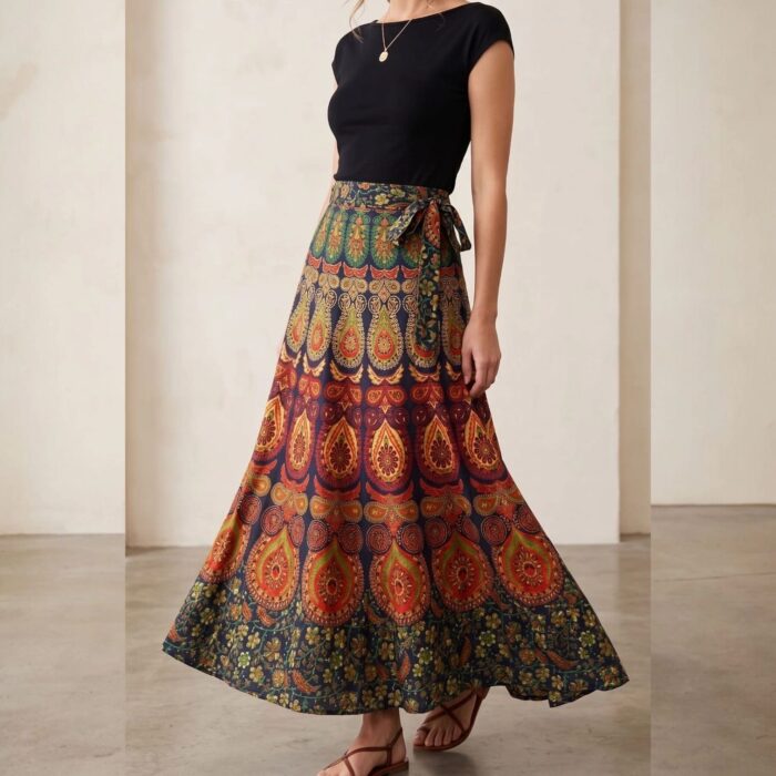 Cotton Block Print Wrap Skirt for Women