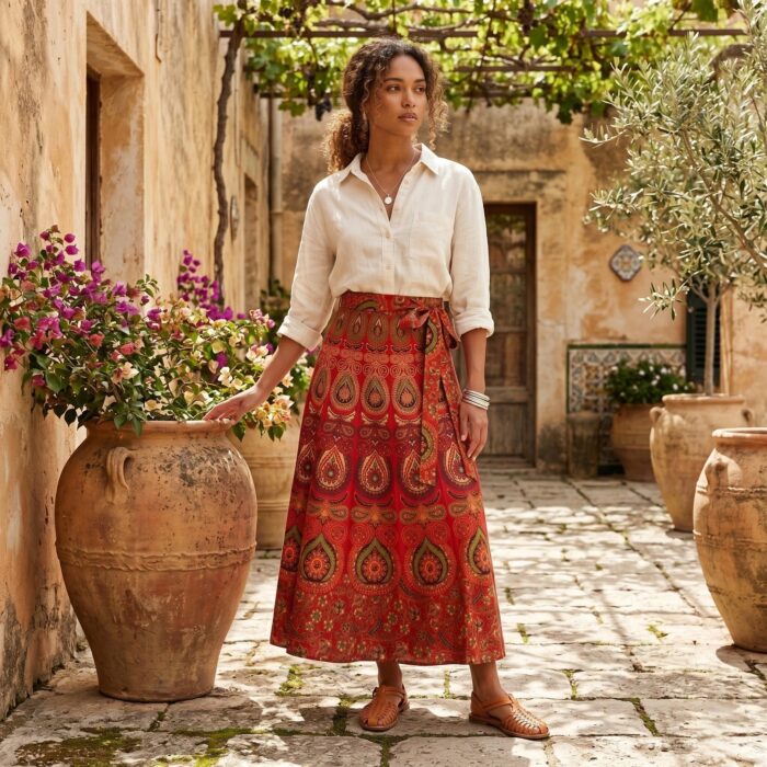 Cotton Block Print Wrap Skirt for Women