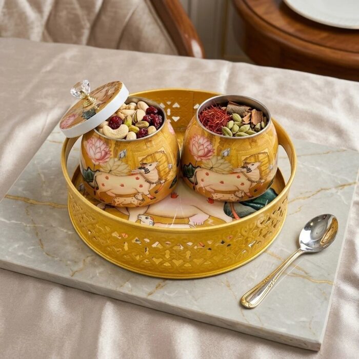 2 Container Metal Jars with Pichwai art work tray | Dry fruit serving set